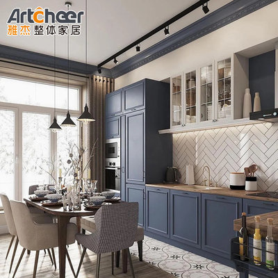 شراء مجموعة خزانة المطبخ المدمجة مع المقبضات الذهبية والتصميم القسمي الأزرق الداكن التصنيع عبر الإنترنت